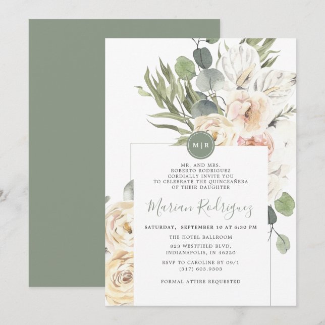 Unique Gree Floral Eucalyptus Monogram Quinceañera Invitation (Front/Back)