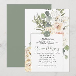 Unique Gree Floral Eucalyptus Monogram Quinceañera Invitation
