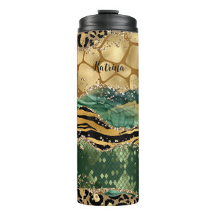 Unique Green and Gold Animal Print Agate  Thermal Tumbler