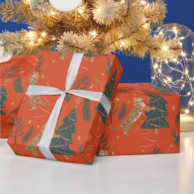 Unique Green and Red Christmas Tree Tiger  Wrapping Paper (Holidays)
