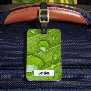 Unique Green Leaf Raindrops Nature Luggage Tag