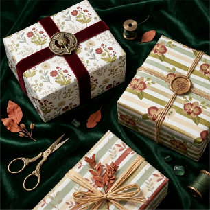 Unique Green Red Botanical Floral Watercolor TMF26 Wrapping Paper Sheet