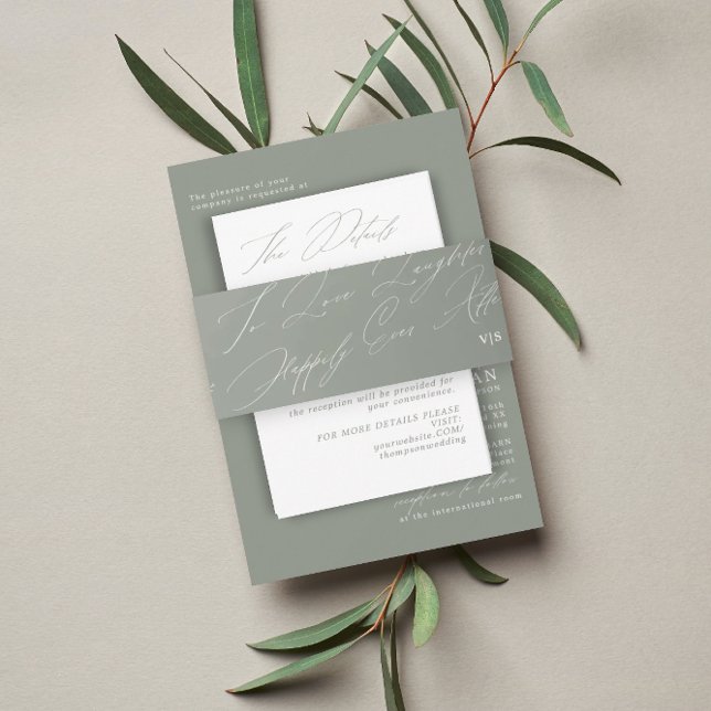 Unique Green Sage  Love Laughter Monogram Wedding Invitation Belly Band (Creator Uploaded)