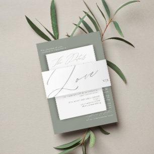 Unique Green Sage Love Monogram Wedding Invitation Belly Band