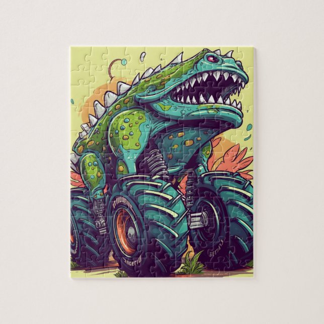 Unique Green Teal Dinosaur Monster Truck  Jigsaw Puzzle (Vertical)