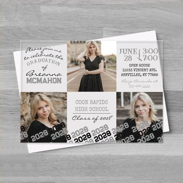 Unique Grey & Black Graduation 3 Photo Frosted  Acrylic Invitations (Unique Gray and Black 3 Photo Graduation Invitation)