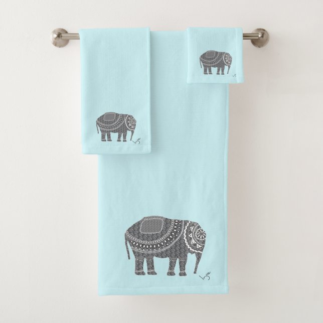 Unique Grey Ornate Elephant, Stylish Modern Bath Towel Set (Insitu)