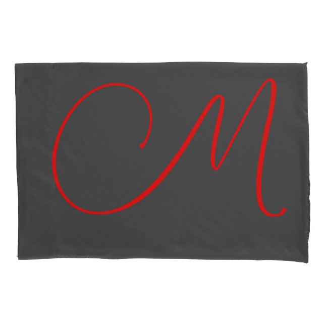 Unique grey red calligraphy monogram name initial pillowcase (Front)