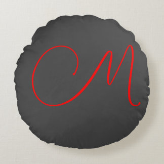 Unique grey red calligraphy monogram name initial round cushion