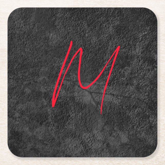 Unique grey red monogram name initial calligraphy square paper coaster (Front)