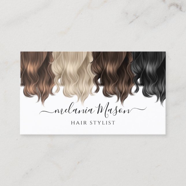 Unique Hair Stylist Modern Script White Business Card (Front)