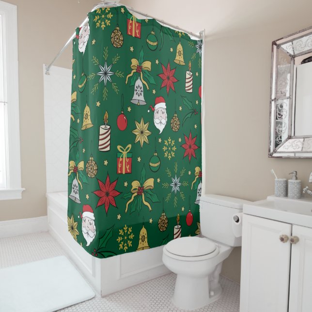 Unique Hand Dawn Christmas Doddles Green Design Shower Curtain (In Situ)