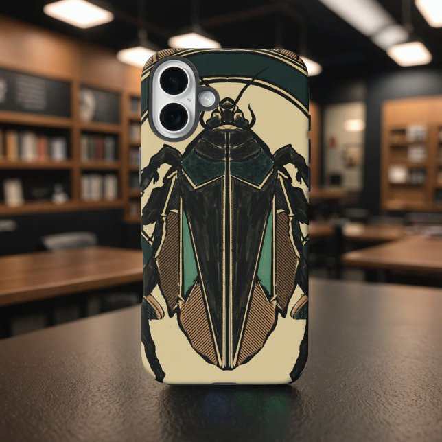 Unique Hand Drawn Cockroach Bold Deco Brown Teal Case-Mate iPhone Case (Hand-drawn cockroach phone case in art deco style, brown and teal on a vintage parchment background)