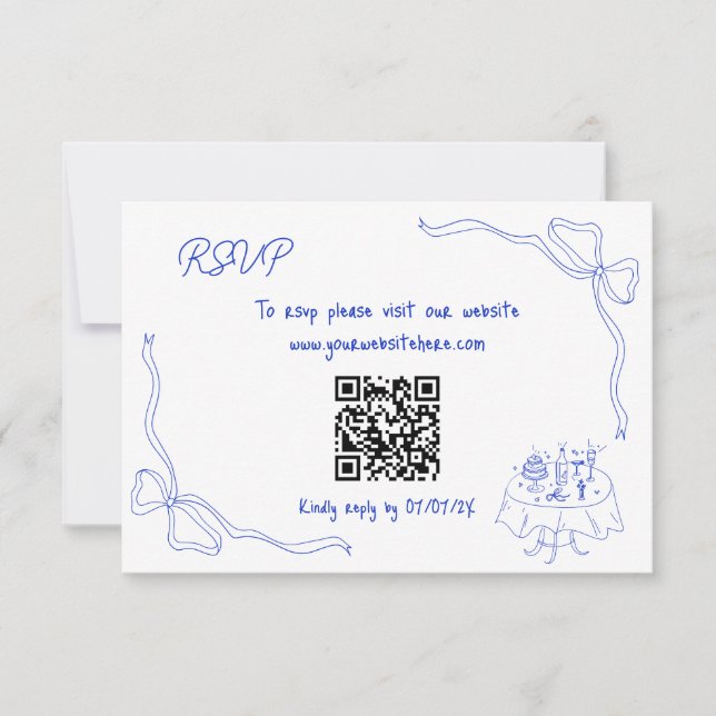 Unique Hand Drawn Contemporary QR Code French Bow Invitation (Front)