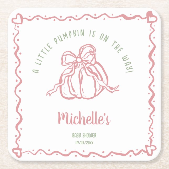 Unique Hand Drawn Little Pumpkin Fall Baby Shower Square Paper Coaster (Front)