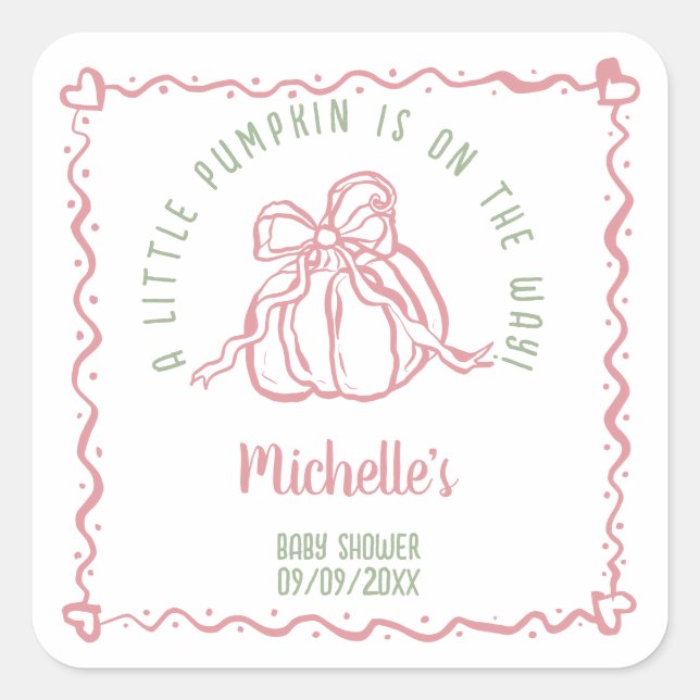Unique Hand Drawn Little Pumpkin Fall Baby Shower Square Sticker (Front)