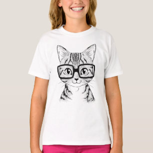 Unique Hand Drawn Nerdy Cat Girl's White T-shirt