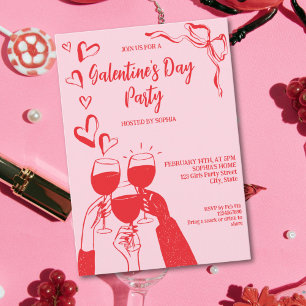 Unique Hand Drawn Pink Red Galentine's Day Party Invitation