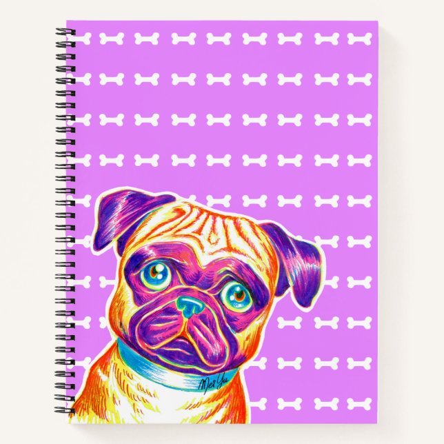 Unique Hand Drawn Pug Art Purple Notebook (Front)