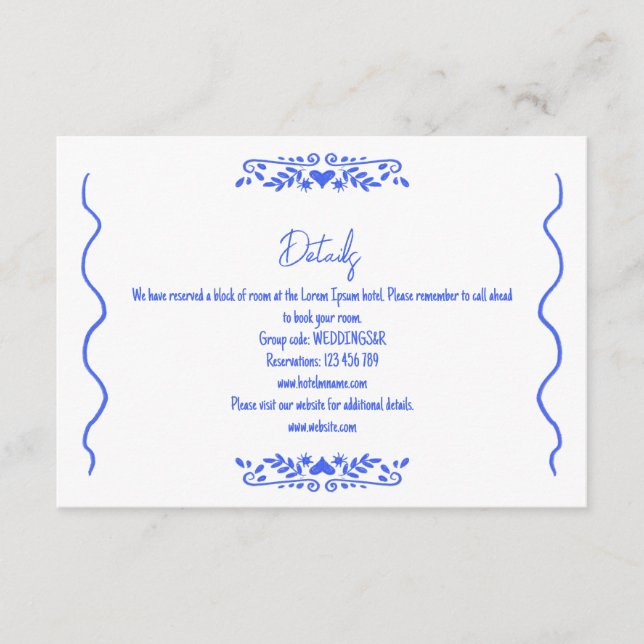 Unique Hand Drawn Quirky French Blue Details Enclosure Card (Front)