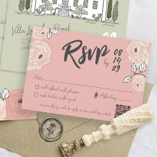 Unique Hand Drawn Villa Manor Pink Floral Wedding RSVP Card