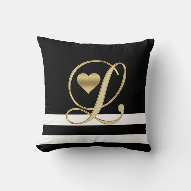 Unique Heart Monogram Gold Initials Black/White Cushion (Front)