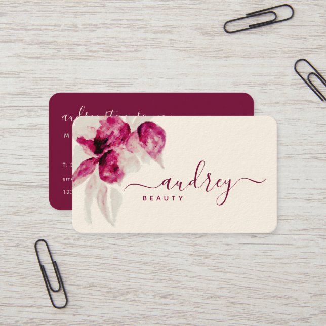 Unique Hibiscus Burgundy Floral Fancy Signature Business Card (Front/Back In Situ)
