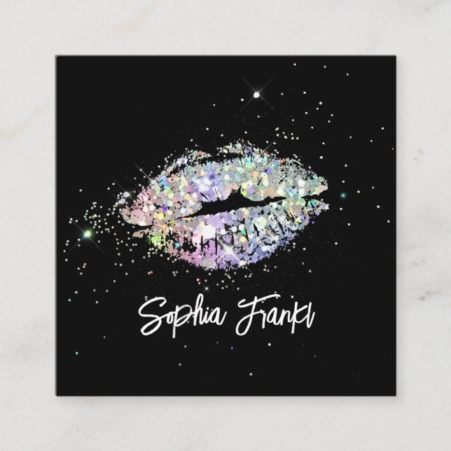 Unique Holographic Glitter Lips Beauty Black Square Business Card (Front)