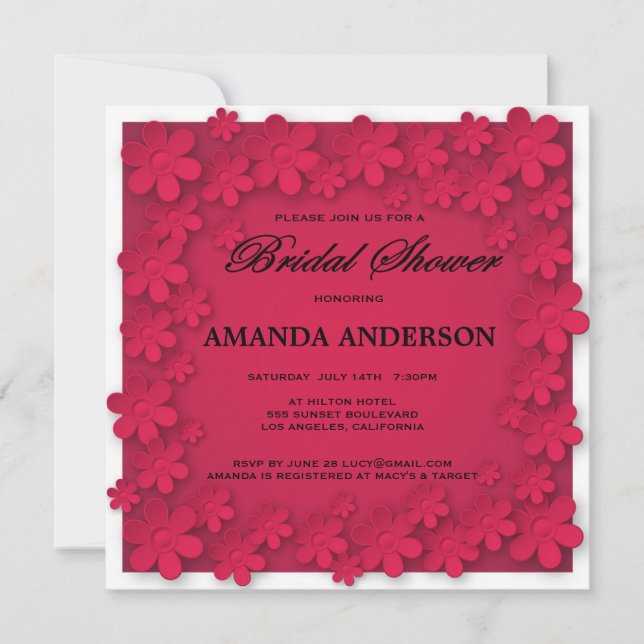 Unique Hot Pink Red Floral Bridal Shower Invitation (Front)