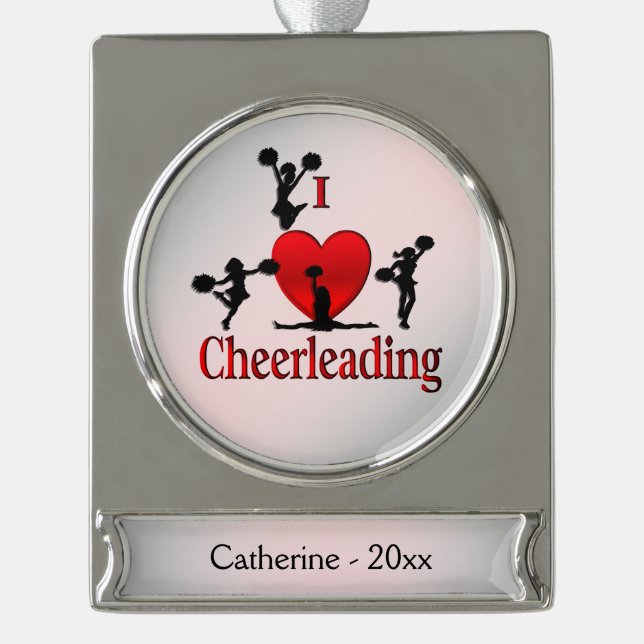 Unique I Heart Cheerleading   Silver Name and Year Silver Plated Banner Ornament (Front)