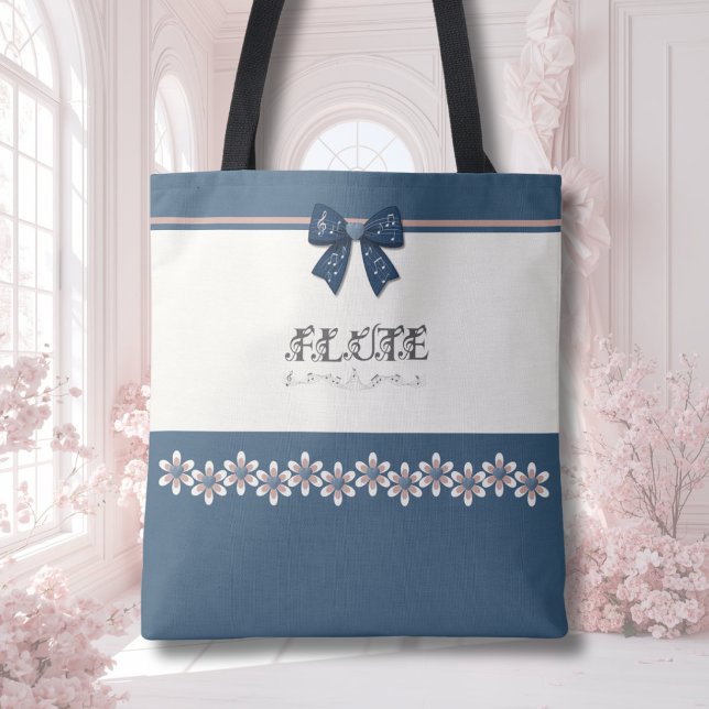Unique Indigo Blue Bow Flute Music Tote Bag (Unique blue coquette bow flute music tote bag for teen girls to use for school band concerts.)