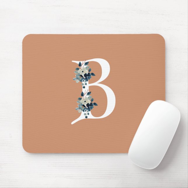 Unique initial blue floral Beige simple cute colou Mouse Mat (With Mouse)