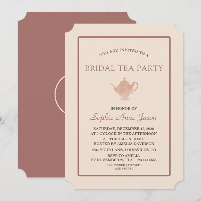Unique Ivory Dark Peach Bridal Shower Tea Party Invitation (Front/Back)