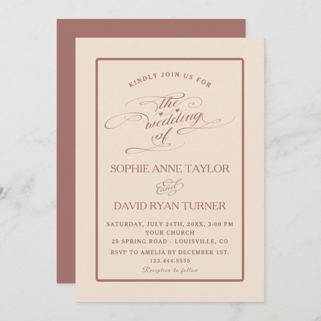 Unique Ivory Dark Peach Shape Calligraphy Wedding Invitation (Front/Back)