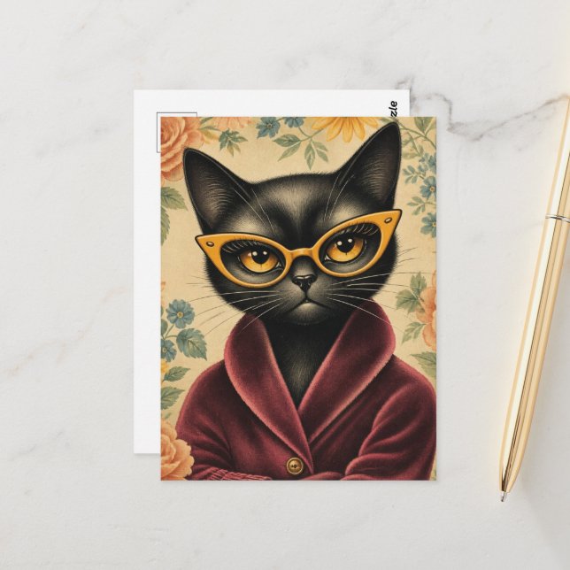Unique Kitty in Bathrobe and Glasses Postcard (Front/Back In Situ)