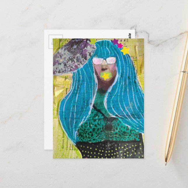 Unique Lady With Blue Hair Mixed Media Collage Postcard (Front/Back In Situ)