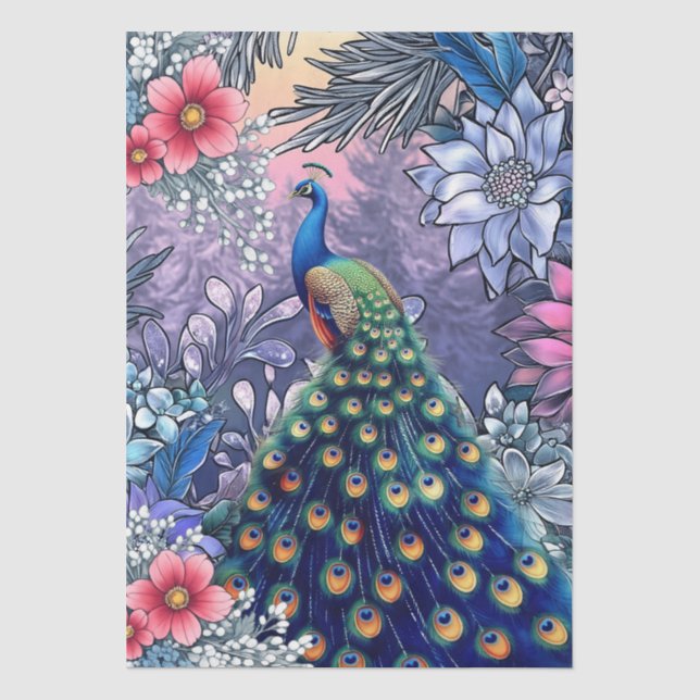 Unique Large Winter Floral Peacock Decoupage Tissue Paper (Front)