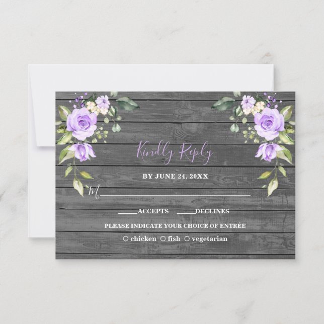 Unique Lavender Flowers Barn Wood Wedding RSVP Card (Front)