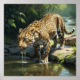Unique Leopard Drinking Water in River Painting Poster