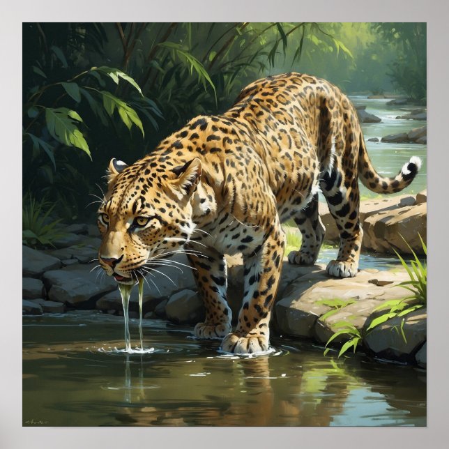 Unique Leopard Drinking Water in River Painting Poster (Front)