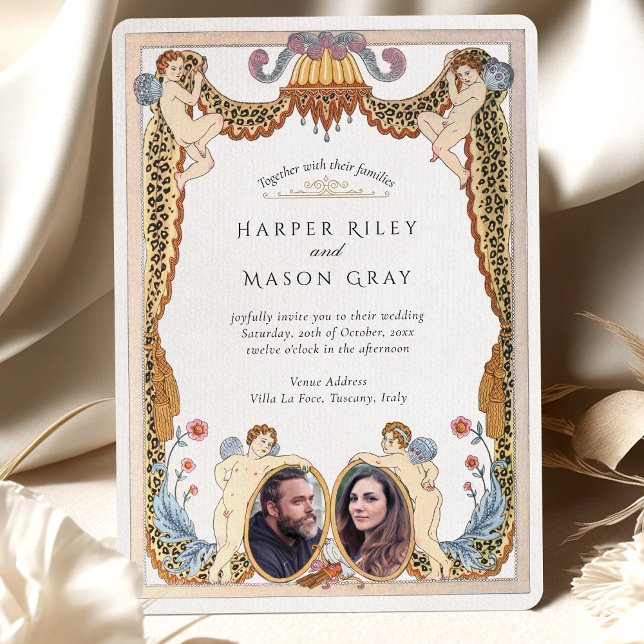 Unique Leopard Print Cherub Photo Wedding Invitation (Creator Uploaded)