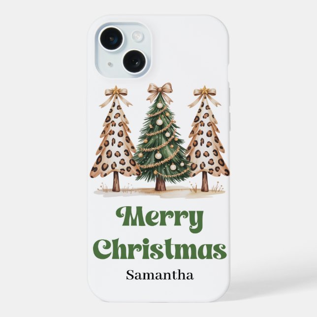 Unique leopard print Christmas trees custom name iPhone Case (Back)