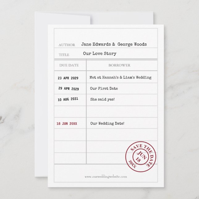 Unique Library Card Save The Date Card (Front)
