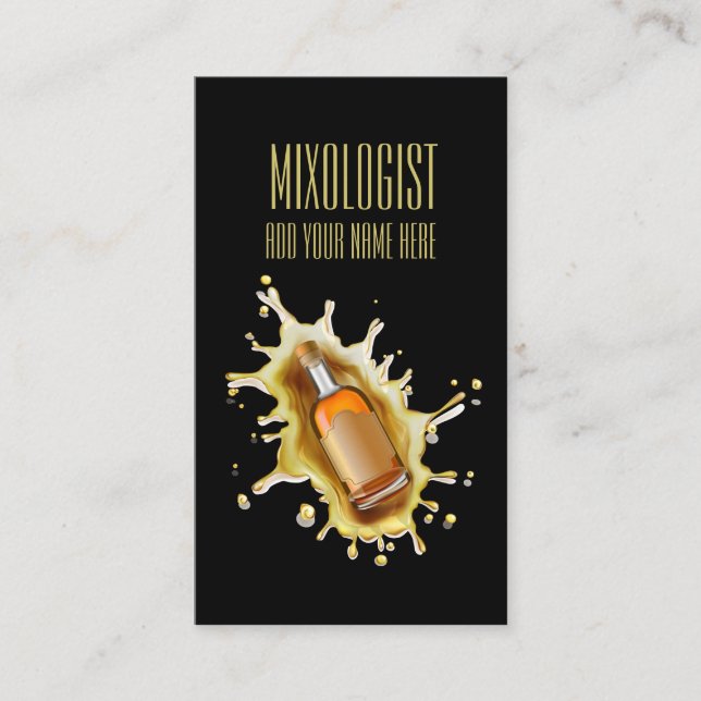 Unique Liquor Bottle Splash Bartender Mixologist Business Card (Front)