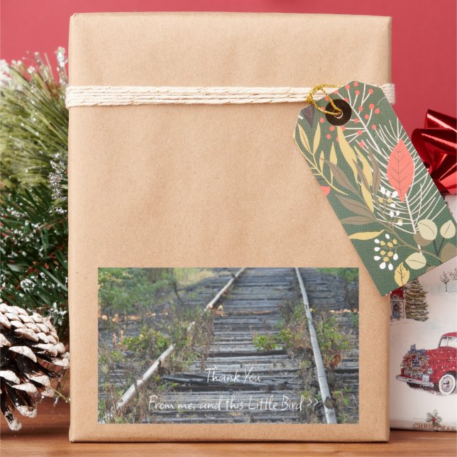 Unique Little Bird on Railroad Tracks, Thank You  Rectangular Sticker (Holiday)