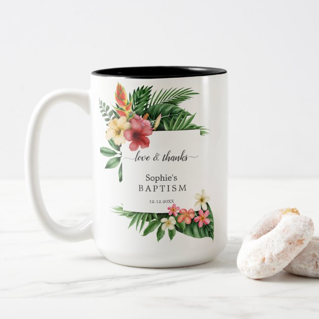 Unique Lush Tropical Garden Floral Bloom Baptism Two-Tone Coffee Mug (With Donut)