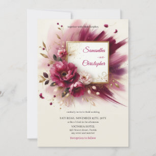 Unique magenta flowers and gold frame wedding invitation