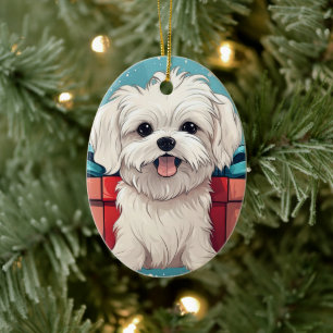 Unique Maltese Christmas, Gift For Dog Lovers Ceramic Tree Decoration