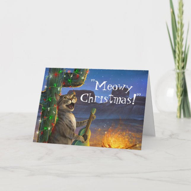 Unique Meowy Christmas Funny Cat Holiday Card (Front)