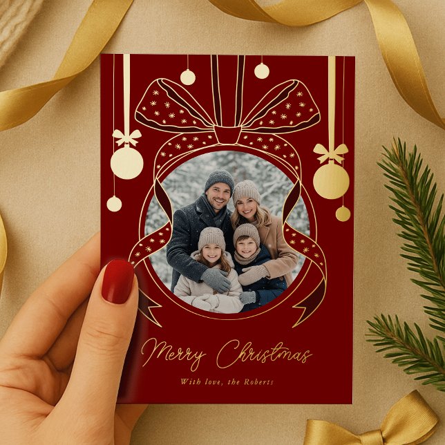 Unique Merry Christmas Ornament Ribbon Bow Photo Foil Holiday Card (elegant whimsical bows Christmas ornament photo holiday cards in red and gold foil)
